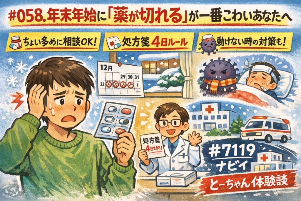 #058.年末年始に「薬が切れる」が一番こわいあなたへ｜ちょい多め相談・処方箋4日ルール・インフルで動けない想定まで（とーちゃん体験談）