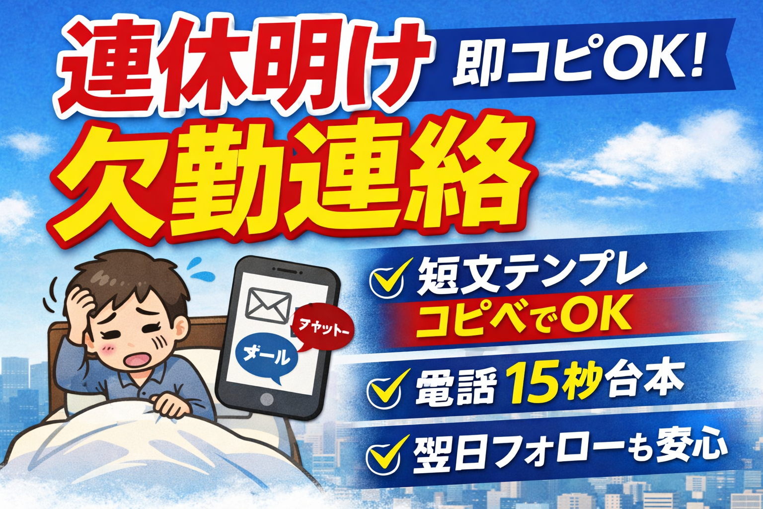 #068.連休明けの欠勤連絡例文｜短文テンプレと休む基準