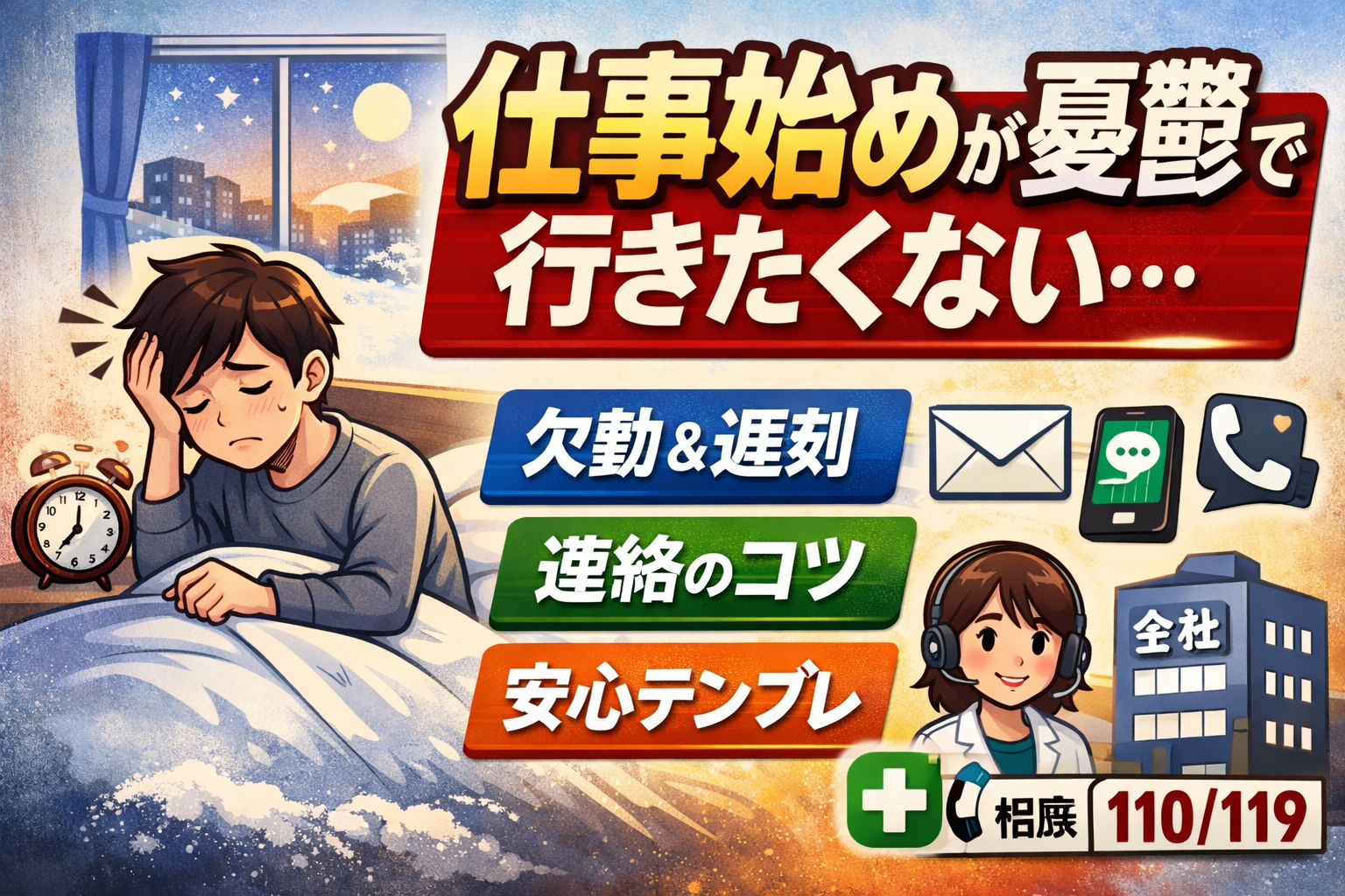 #071.仕事始めが憂鬱で行きたくない｜起きられない朝の対処と欠勤・遅刻連絡テンプレ（メール／チャット／電話）