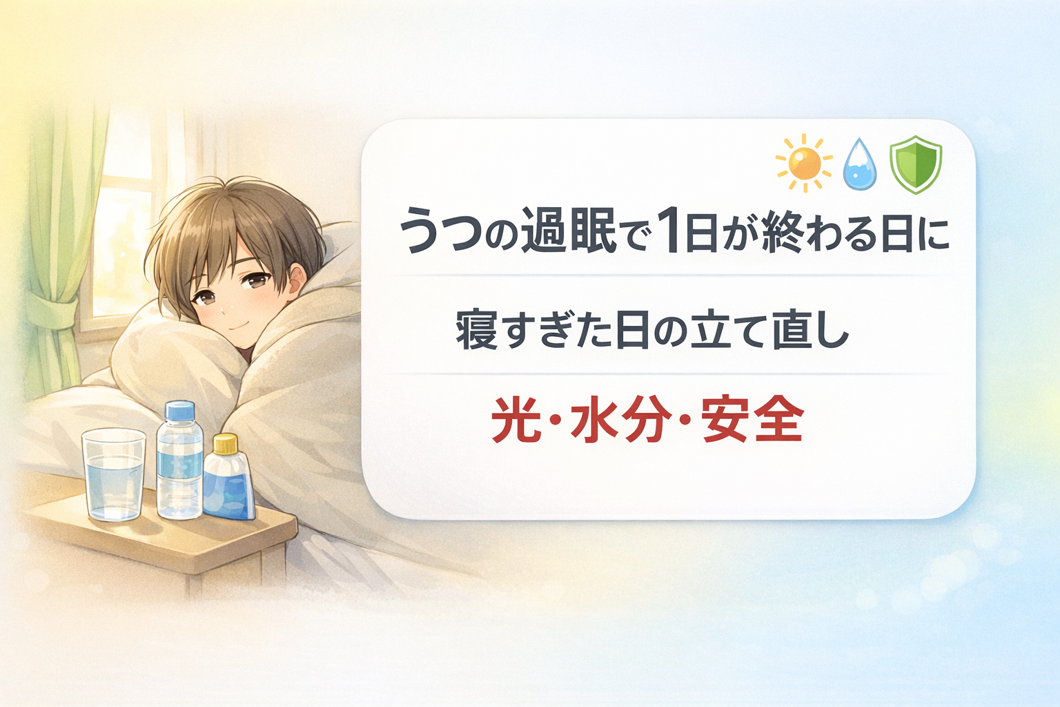#121.うつの過眠で1日が終わる日に|寝すぎた日の立て直し(光・水分・安全)